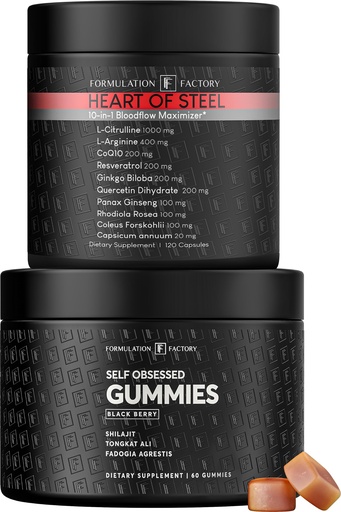 [BRSRYZT7DIARAG3D] Formulation Factory Self Obsessed Shilajit Gummies x Heart of Steel (Bundle) – Men's Testosterone Booster + Nitric Oxide Blood Flow with Shilajit, Tongkat Ali, L-Citrulline 1000mg & CoQ10