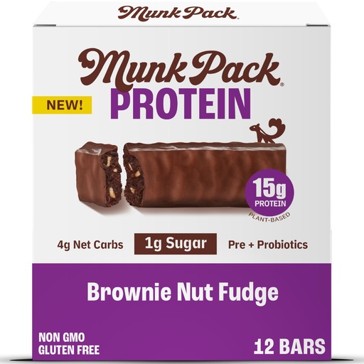 [BRSRAGI6OQARQDLX] Munk Pack Keto Protein Bars, Brownie Nut Fudge - 15g Protein Snacks with Low Sugar, Healthy Pre & Probiotics, 4g Net Carbs - Gluten Free & Diabetic Friendly - 12 Count