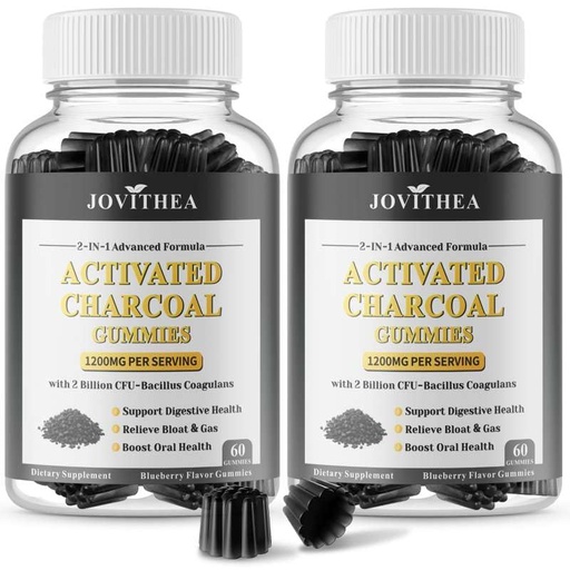 [BRSREBA7CINAKFYU] 2 Pack Activated Charcoal Gummies 1200mg, with Organic Coconut Shell Charcoal & 2 Billion Probiotics, Natural Gas & Bloating Relief, Digestive Support, Non-GMO, Vegan, Gluten Free,Blueberry Flav,120Ct