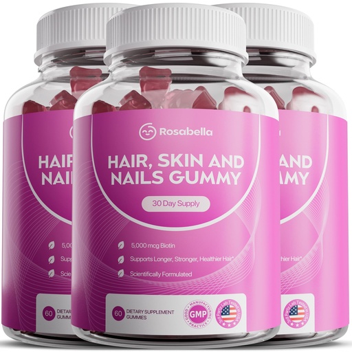 [BRSREBT4AENRA2T7] Rosabella Hair Growth Gummies for Women & Men – Vegan Hair Gummies with 5000mcg Biotin – Hair Vitamins for Strong, Healthy-Looking Hair – Gummy Biotin Supplement (60 Count (Pack of 3))