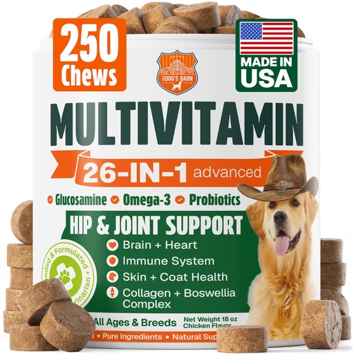 [BRSRGBIPBAIQMF3O] Dog Vitamins and Supplements 250 Chews - 26 in 1 Dog Multivitamin Soft Chews with Glucosamine, Chondroitin, Probiotics, Omega 3 - Hip & Joint, Skin & Coat, Immune Support - Chicken Flavor