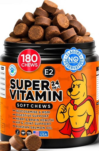 [BRSREBT7OAHREH3G] 24-in-1 Dog Multivitamin with Glucosamine - Chewable Dog Vitamins and Supplements for Hip & Joints - Ideal for Immune Support and Digestive Health - Best for Senior Dogs and Puppies’ Skin & Heart