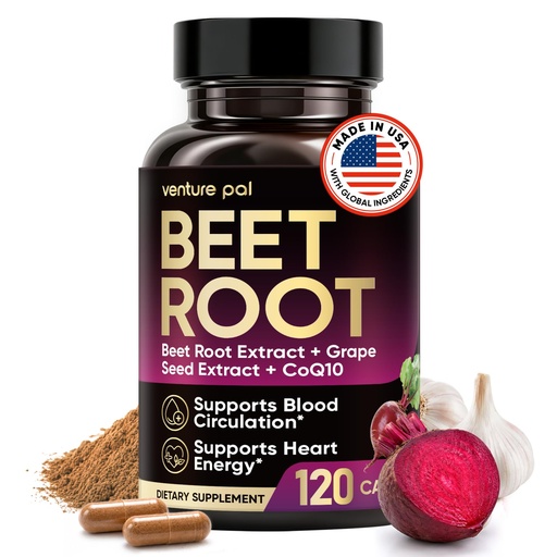 [BRSRGCT3O4GRAFY6] Venture Pal Beet Root Capsules for Blood Pressure & Heart Support – 8-in-1 Formula with 20:1 Beetroot Extract, CoQ10, Garlic & Grape Seed – Nitric Oxide & Circulation Support, 120 Capsules