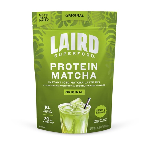 [BRSRYZAHOQIBM2TK] Laird Superfood Protein Matcha, Instant Iced Matcha Latte Mix with 10g Complete Protein, Lion's Mane Mushroom & Coconut Water Powder, No Added Sugar, Original, 6.3 oz