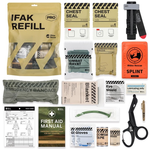 [BRSREBILBZYGKDTZ] RHINO RESCUE IFAK Refill Kit 17Pcs with CAT Gen-7 Tourniquet, Emergency Tactical First Aid Kit Medical Supplies, IFAK Trauma Kit Combat Pack for Trauma Wound Care, Gunshot, Car & Camping(Brown)