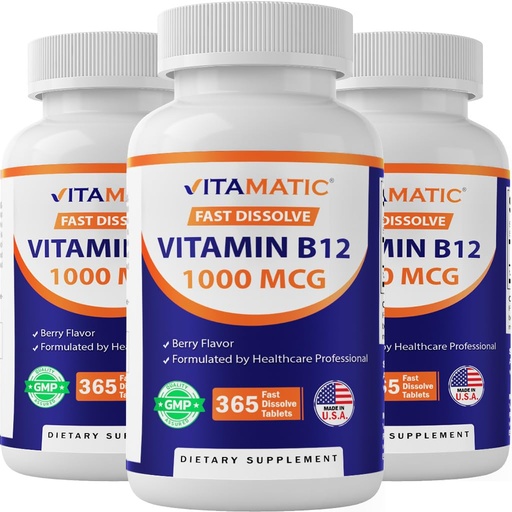 [BRSROZQCPN7GOG3J] Vitamatic Vitamin B12 1000 mcg Fast Dissolve – 365 Tablets per Bottle - 3 Bottles – Natural Berry Flavor – Supports Energy Metabolism & Nervous System Health