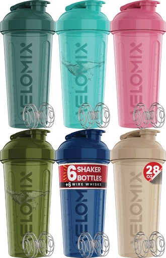 [BRSREYAQCUMBGFAU] VELOMIX -6 PACK- 28 oz Protein Shaker Bottle for Protein Mixes -6x Wire Whisk | Leak Proof Shaker Cups for Protein Shakes | Large, Stackable Protein Shaker Bottle Pack (Turquoise to Pink)