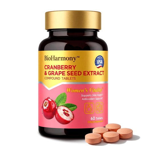 [BRSRGGATAUBR6HY6] BioHarmony Cranberry Supplement for Women with Grape Seed Extract – 720mg Cranberry & 696mg Grape Seed per Serving– Support Urinary Tract Health, Skin Health & Feminine Wellness – Non-GMO, 60 Tablets