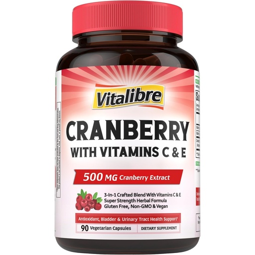 [BRSREHQQOIMGKH3P] Vitalibre Cranberry Pills for Women with Vitamin C & E, Once Daily, Vegan, Urinary Tract Health & Kidney Cleanse, 90 Capsules