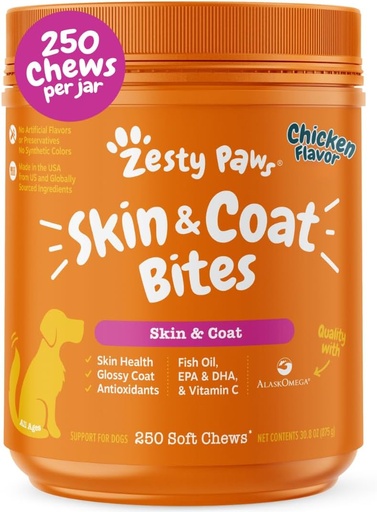 [BRSW2EL3CR5QAALD] Zesty Paws Omega 3 Fish Oil for Dogs - Zesty Paw Dog Vitamins and Supplements for Hip, Joint & Skin, Chicken (250 Chews)