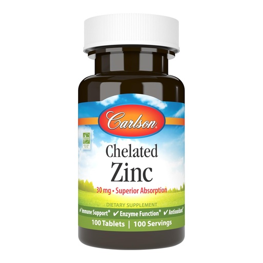 [BRSWIYILCUAACH3O] Carlson - Chelated Zinc, 30 mg - Superior Absorption, Immune Support & Enzyme Function, Antioxidant, 100 tablets