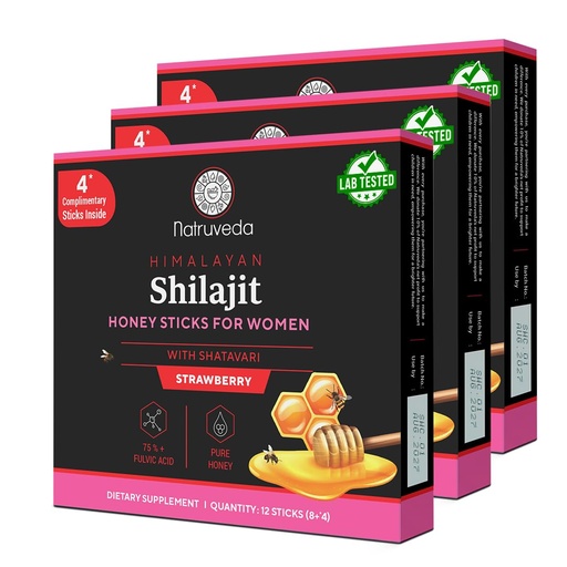 [BRSRGCAFCMCRGFDF] Natruveda Shilajit Honey Sticks for Women, Shilajit for her - Shatavari & Saffron for hormonal Balance & Energy 36 Sticks (Pack of 3) – Strawberry | 75%+ Fulvic Acid, 85+ Trace Minerals | Lab Tested