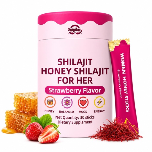 [BRSRGBIOCMPRQETL] Shilajit Honey Sticks for Women, 75%+ Fulvic Acid, 85+ Trace Minerals, Hormone Balance, Energy, Focus, Mood Booster, Himalayan Shilajit, Shatavari, Saffron, Strawberry-Flavored, 30 Sticks
