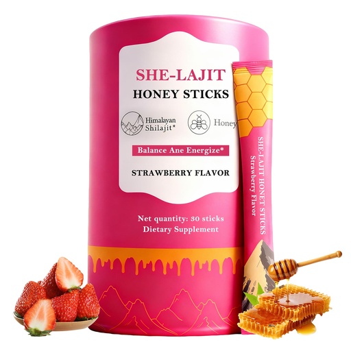 [BRSRGGA3PIIGEYLF] Shilajit Honey Sticks for Women, Natural Energy & Vitality Booster with Shatavari & Saffron, Strawberry Honeysticks for Hormonal Balance, Focus & Stamina, 30 Count