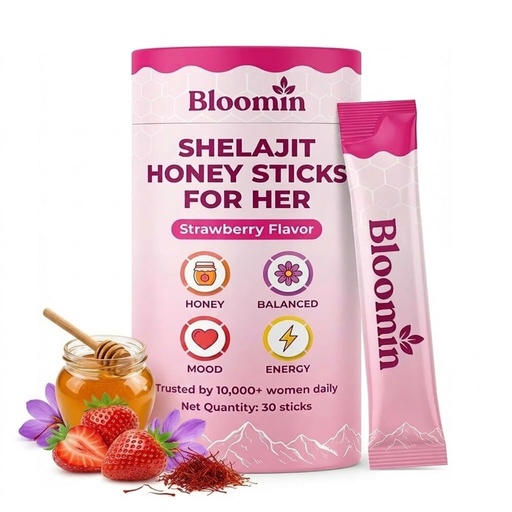 [BRSRGAYECMARM3A2] Bloomin Honey Sticks, Shilajit Honey Sticks for Women, Support Hormonal Balance, Focus & Stamina, Daily Energy, with Shilajit, Shatavari & Saffron, Non-Gmo, 30 Sticks (Strawberry)