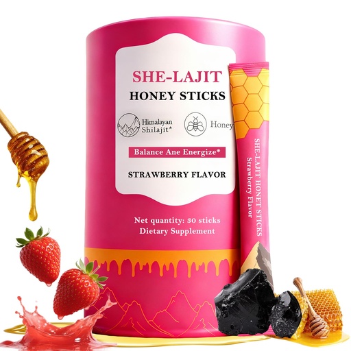 [BRSRGGD5PIBAY23P] Shilajit Honey Sticks for Women, Strawberry Shilajit Honeysticks with Shatavari & Saffron, 75%+ Fulvic Acid & 85+ Trace Minerals for hormonal Balance & Energy Boost, Easy Single | 30 Sticks