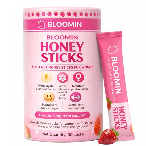 [BRSRGAY3BMFGAALK] Bloomin Honey Sticks, She Lajit Honey Sticks for Women, with Shilajit, Honey+Natural Flavor, Saffron, Boost Energy, Enhance Mood, Increase Strength, Strawberry Honeysticks, 30 Sticks (1)