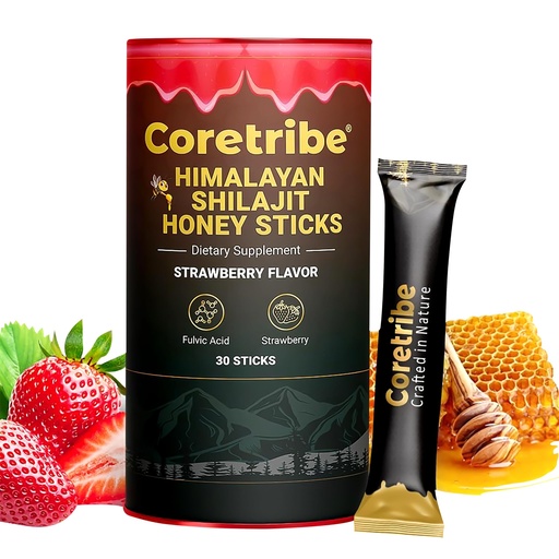 [BRSREGQLDF6WAET5] Coretribe® Shilajit Honey Sticks with Dark Chocolate | 75%+ Fulvic Acid, 85+ Trace Minerals | Natural Energy & Immunity Support | 30 Sticks of Honey Infused with Strawberry Flavour