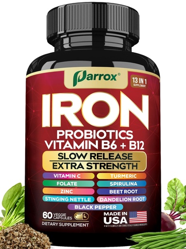 [BRSREFA2PINRY3TU] Iron Supplement, Slow Release with Probiotics, Spirulina, 60 Vegan Caps | With Probiotics, Spirulina, Turmeric, Vitamins B6, B12, C, Zinc, Folate, Beetroot, Nettle, Dandelion Root