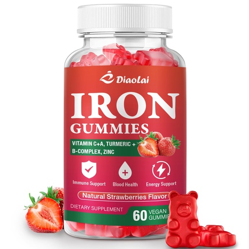 [BRSRABQOBAOREG3F] Vegan Iron Gummies - High Potency Iron Supplement for Women & Men - Supports Energy & Immune Health - Strawberry Flavor (60 Count)