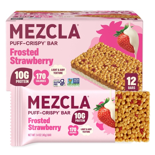 [BRSRGFTQO55GAHLF] Mezcla Puff Crispy Protein Bars, Gluten Free & Vegan Protein Bars, 10g Protein, Alt for Crispy Rice Treat, Granola Bars & Breakfast Bars, Healthy Snacks for Adults, Frosted Strawberry, 12 Bars