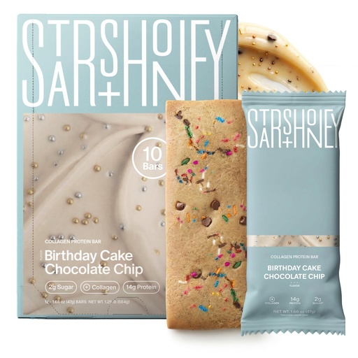 [BRSREHA2OABGGADG] Stars + Honey Protein Bars, Birthday Cake Chocolate Chip, 14g Protein, 2g Sugar, with Collagen Peptides, Dairy Free, Soy & Gluten Free Snacks, Keto Friendly, No Seed Oils or Sugar Alcohols, 10 Pack