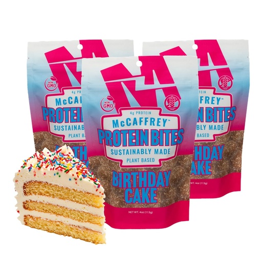 [BRSREGLROQFWEDLB] McCaffrey Protein Bites – Birthday Cake Flavor – 3 Multi-Serving 4oz Bags – 4g of Protein per Serving – Gluten-Free, Vegan, High Fiber Energy Snack for Active Families | Gluten-Free, Vegan, High Fiber Energy Snack for Active Families, 4oz per Bag
