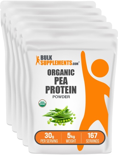[BRSWIAAZBYCBEDT2] BulkSupplements.com Organic Pea Protein Powder - Plant Based & Vegan Protein Powder - Unflavored & Gluten Free, 30g per Serving, 1kg (2.2 lbs) (Pack of 5)