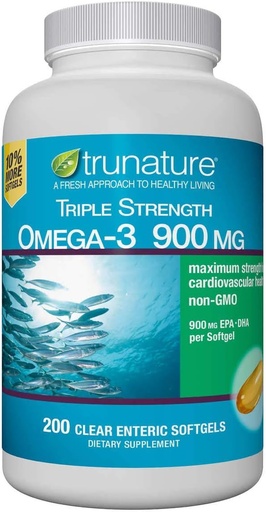 [BRSRAHY6DF6RAHTZ] Non GMO Triple Strength Omega-3 900 mg., Total Fish Oil Concentrate 1425 mg - 200 Clear Enteric Softgels