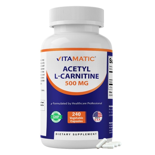 [BRSRGCADOINWGD3A] Vitamatic Acetyl L-Carnitine 500mg, 240 Vegetarian Capsules – Amino Acid Supplement, Non-GMO, Gluten Free, Made in USA