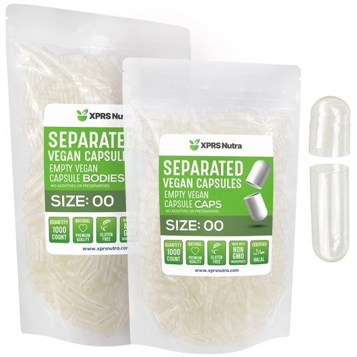 [BRSW2H36CF7GOFA4] XPRS Nutra Vegan Size 00 Separated Capsules - 1000 Count Premium Empty Capsules Separated in Bags - Clear Empty 00 Pills for DIY Supplement Filling