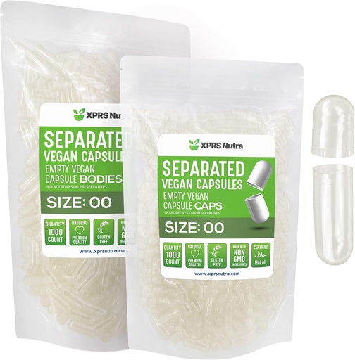 [BRSW2H36CF7GOFA4] XPRS Nutra Vegan Taille 00 Capsules séparées - 1000 Compte Capsules vides Premium Séparées dans des sacs - Effacer Vide 00 Pills pour le remplissage de supplément de bricolage