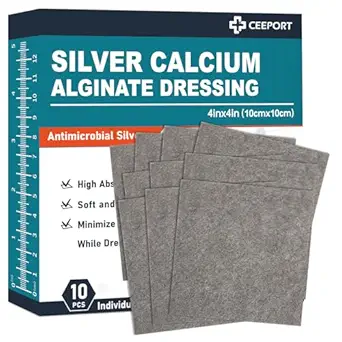 [BRSW2CD3CIGQY3TH] Ag Silver Calcium Alginate Wound Dressing Pads, 4''x4'' Patches, 10 Individual Pack, Soft Silver Dressings for Wound Care, Gentle Highly Absorbent Dressing, Non Stick Gauze Pads for Wounds