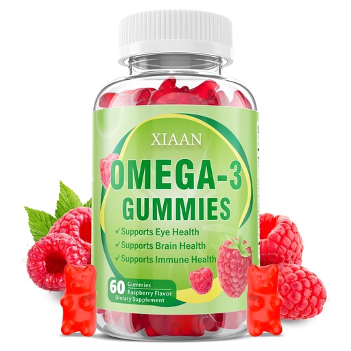 [BRSRGCQDDICQGCLH] Omega 3 Gummies for Kids & Adults, DHA EPA Omega 3 Supplement for Women & Men Vitamins Omega-3 Fatty Acids 1000mg Support Eye & Brain Health, Sugar-Free/Vegan/Organic, Raspberry Flavor 60 Count