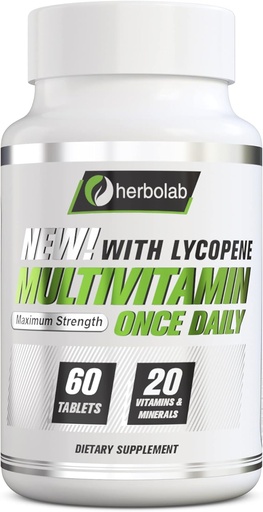 [BRSWGAQTCR5BEH3A] herbolab Multivitamin Once Daily, Max Strength Vitamins A, C, D, E, K, B1, B2, B6, B12, Niacin, Calcium, Magnesium, Zinc, Selenium, Copper, Manganese, Chromium with Lycopene, 60 Count 2 Mo Supply