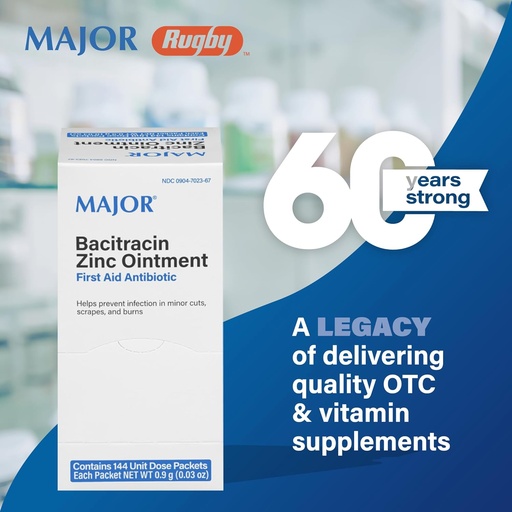 [BRSW2YIHB4IA42QY] MAJOR Bacitracin Zinc Ointment First Aid Antibiotic - Contains 144 Unit Dose Packets