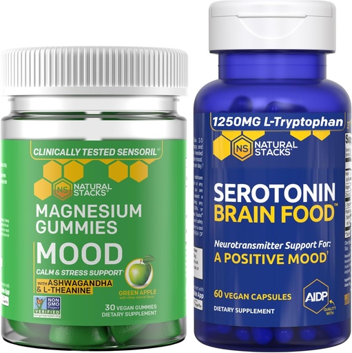 [BRSROZQLBB5BS3DZ] NATURAL STACKS Mood Magnesium Citrate Gummies + Serotonin Brain Food Bundle - Positive Mood & Stress Support - 90 Pieces