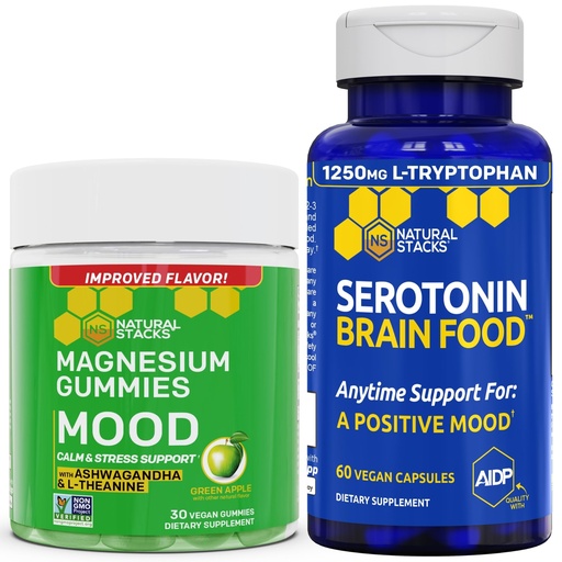 [BRSROZQLBB5BS3DZ] NATURAL STACKS Mood Magnesium Citrate Gummies + Serotonin Brain Food Bundle - Positive Mood & Stress Support - 90 Pieces