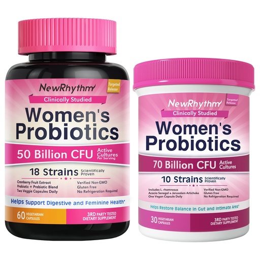 [BRSRABQ5CAJQKHLK] NewRhythm Women’s Probiotics Bundle, Women's Probiotics 50 Billion CFU & Women's Probiotics 70 Billion CFU, Daily Gut Support & Feminine Care, Vaginal & Urinary Health (Pack of 2)