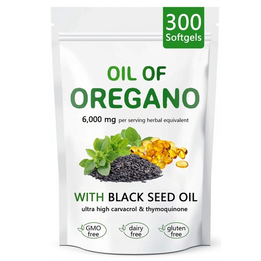 [BRSREZIRBEIGE3DH] Pure Oregano Oil of Oregano with Black Seed Oil, 2 in 1 Organic Oregano Capsules for Immune Support & Overall Wellness, Non-GMO, Gluten Free, 300 Softgel