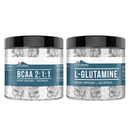 [BRSRO2T2OUPA4GY4] Earthborn Elements L-Glutamine & BCAA Bundle (200 Capsules Each), Pure & Undiluted, No Additives