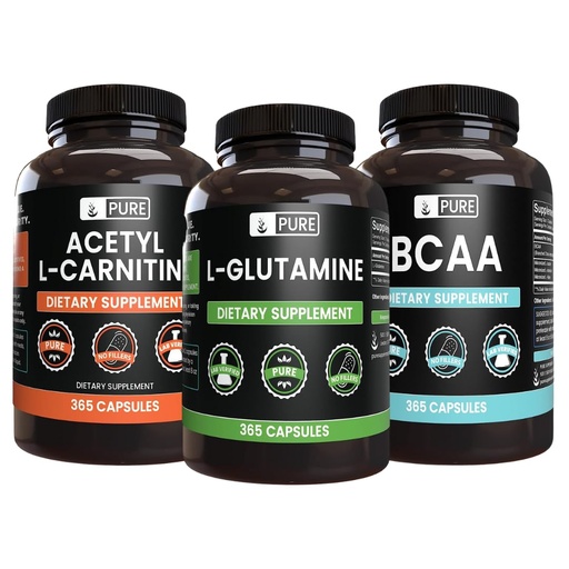 [BRSRO2Y2OQCQK3L3] Pure Original Ingredients Acetyl L-Carnitine, L-Glutamine, and BCAA Capsule Bundle (365 Capsules Each), No Magnesium or Rice Fillers