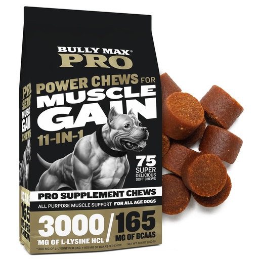 [BRSWGFI3PMNWMCLK] Bully Max 11-in-1 Dog Muscle Builder Power Chews - High Protein Muscle Gain Supplement with Amino Acids - Vet-Recommended for Puppy & Adult Canines, All Breeds & Ages - Made in USA - 75 Soft Chews