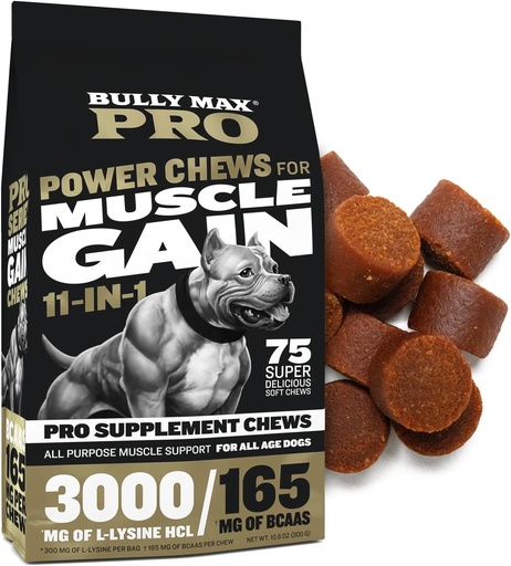 [BRSWGFI3PMNWMCLK] Bully Max 11-in-1 Muscle Gain Power Chews - High Protein Dog Supplement with Amino Acids - Healthy Treats for Puppy & Adult Dogs - Premium Muscle Builder for All Breeds - 75 Tasty Soft Dog Chews