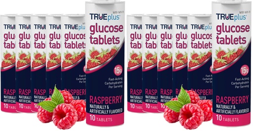 [BRSRGFI7AANAOE3J] TRUEplus Glucose Tablets, Chewable, Raspberry Flavor, 15g Fast-Acting Carbohydrates, Fat Free, Gluten Free, Raise Low Blood Sugar and Boost Energy, 10 Count, 6 Tubes (Pack of 2)