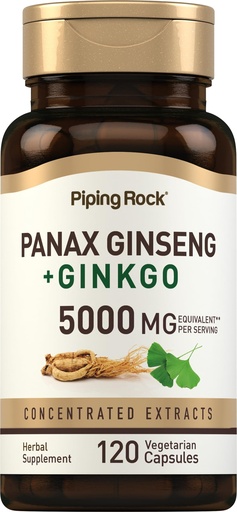 [BRSROZD7ARYW2AAV] Piping Rock Panax Ginseng & Ginkgo Biloba Supplement | 120 Capsules | with Black Pepper Extract | Vegetarian, Non-GMO, and Gluten Free Supplement