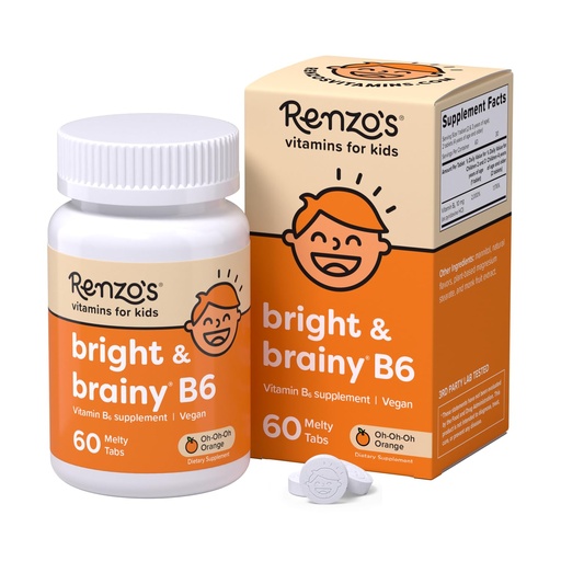 [BRSWECQQOEORGAL2] Renzo's Bright & Brainy Vitamin B6, Dissolving Kids Vitamin B6, 60 Sugar-Free Melty Tabs, Oh Oh Oh Orange Flavored