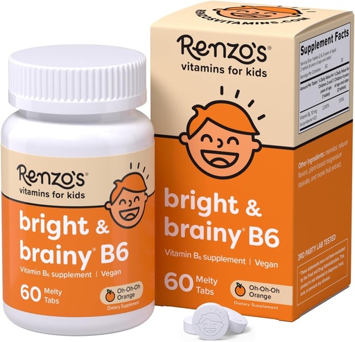 [BRSWECQQOEORGAL2] Vitamina B6 brilhante e inteligente de Renzo, dissolvendo crianças Vitamina B6, 60 Abas de melancia sem açúcar, Oh Oh Oh sabor laranja