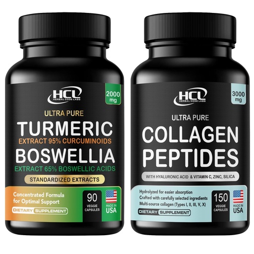 [BRSRGAYDDMGQI3T2] Turmeric Boswellia Extract Supplement 2000 mg + Collagen Peptides Capsules with Vitamin C & Hyaluronic Acid