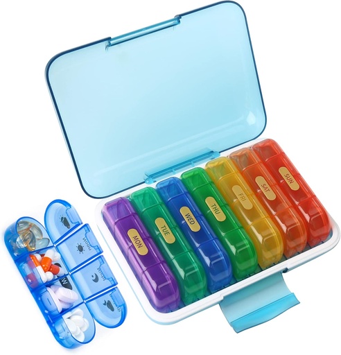 [BRSRMCA6B4GWKA37] MURRI&MURRDI Pill Organizer 4 Times a Day, Daily Pill Box Large Weekly Medicine Case 7 Day Pill Dispenser Holder for Pills, Vitamins, Fish Oils, Medications, Supplements (28 Cells, Multicolored)